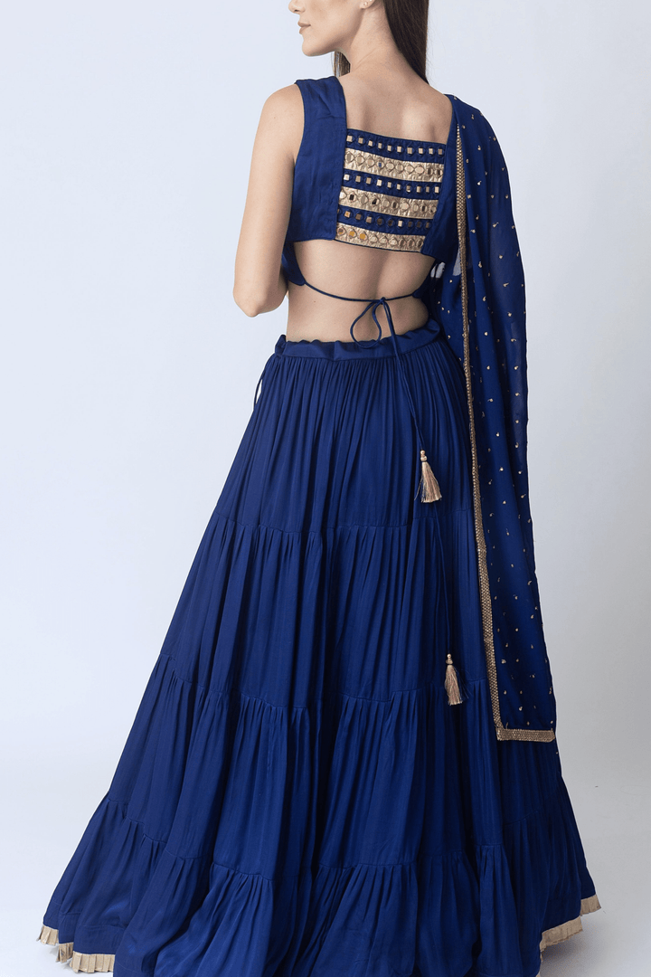 Tori Timeless Royal Blue Lehenga Choli with Gold Trim - Raas