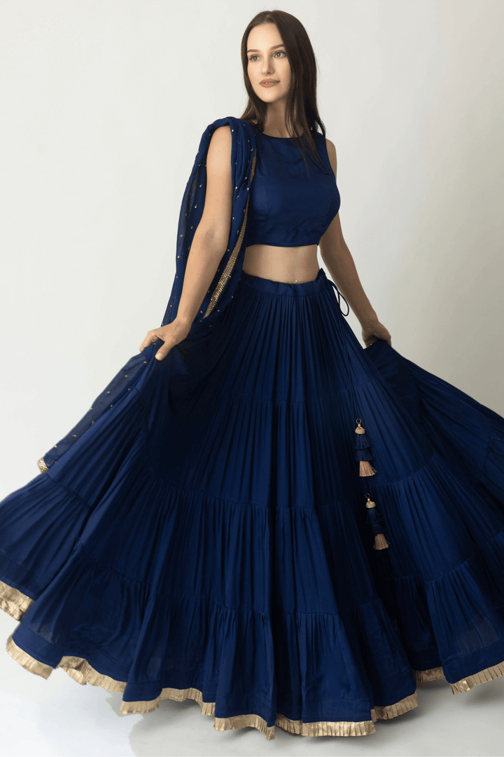 Tori Timeless Royal Blue Lehenga Choli with Gold Trim - Raas