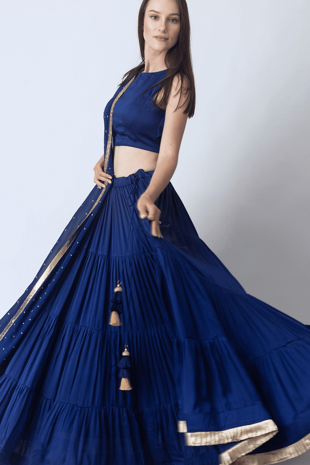 Tori Timeless Royal Blue Lehenga Choli with Gold Trim - Raas
