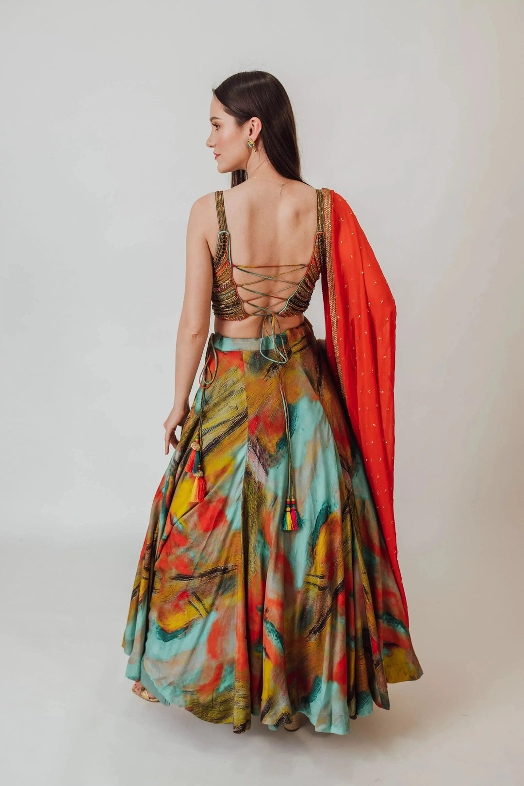 Besora Multicolor Silk Lehenga with Beaded Blouse-[lehenga choli]-[chaniya choli]