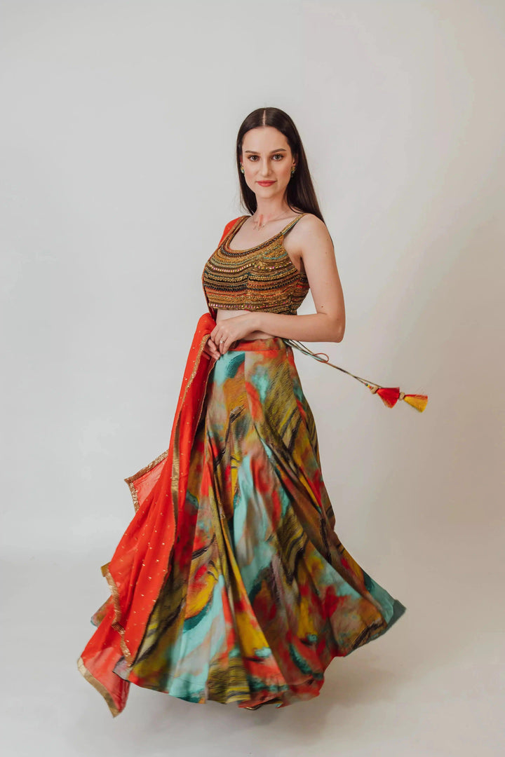 Besora Multicolor Silk Lehenga with Beaded Blouse-[lehenga choli]-[chaniya choli]