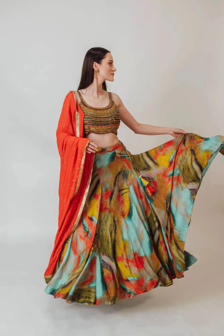 Besora Multicolor Silk Lehenga with Beaded Blouse-[lehenga choli]-[chaniya choli]