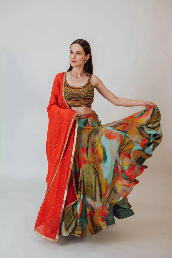 Besora Multicolor Silk Lehenga with Beaded Blouse-[lehenga choli]-[chaniya choli]