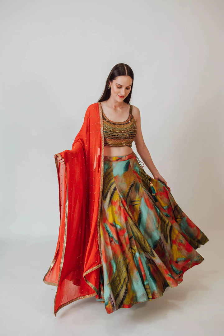 Besora Multicolor Silk Lehenga with Beaded Blouse-[lehenga choli]-[chaniya choli]