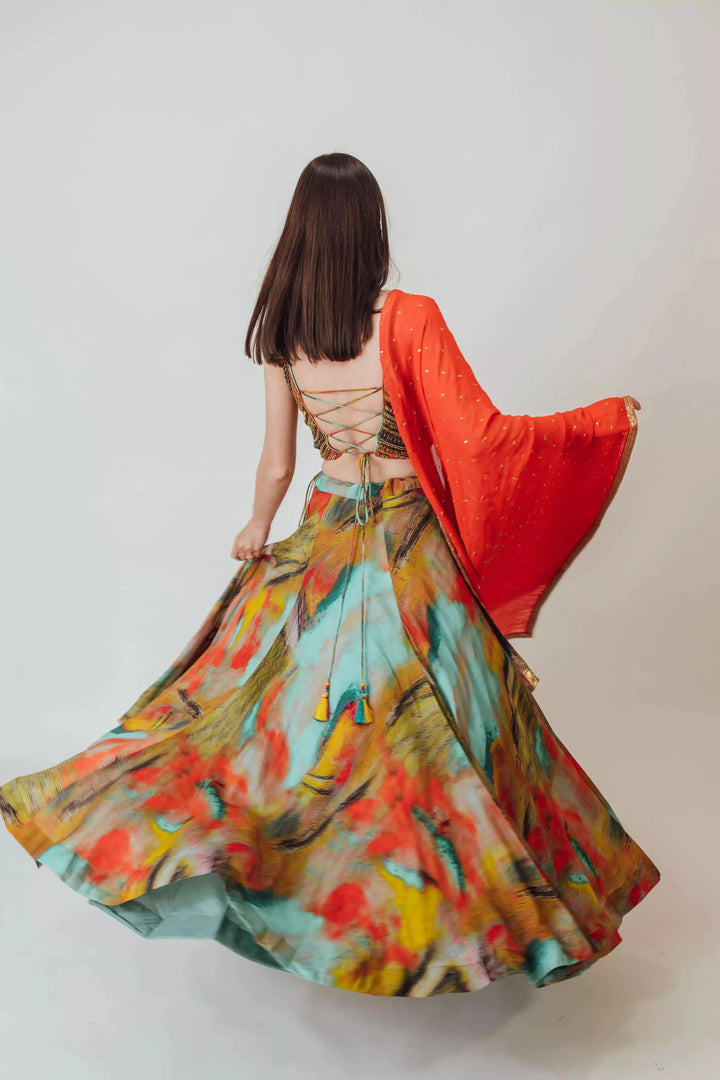 Besora Multicolor Silk Lehenga with Beaded Blouse-[lehenga choli]-[chaniya choli]