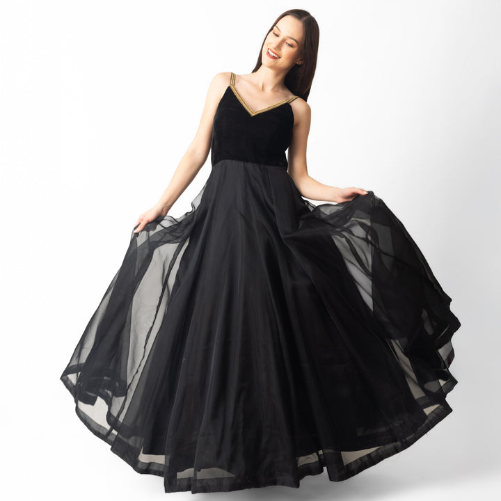 Vee Black Gown with Hand Embroidery - Raas