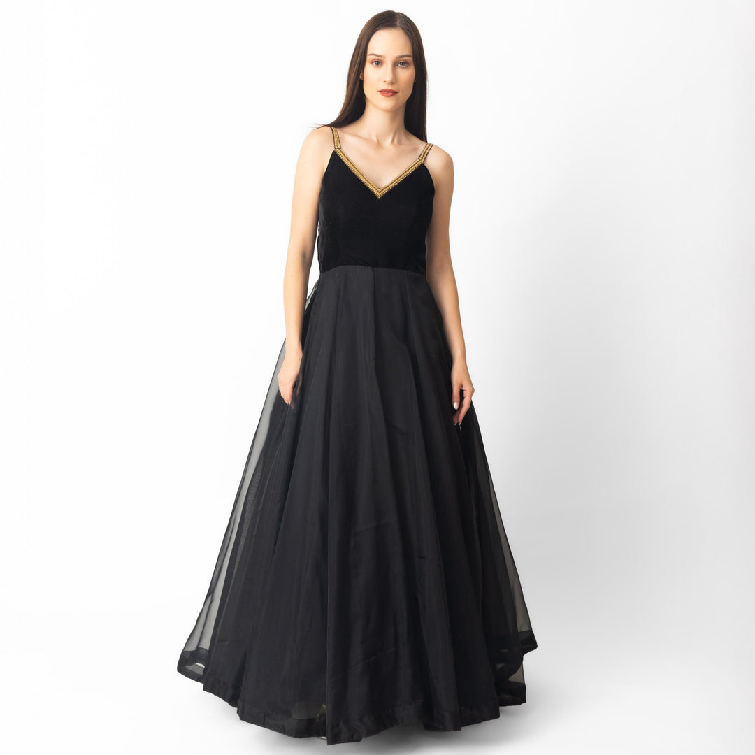 Vee Black Gown with Hand Embroidery - Raas