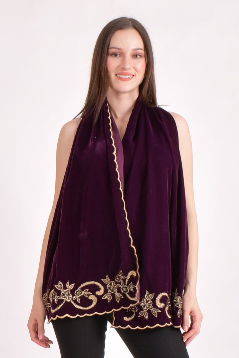 Wine Floral Embroidered Velvet Scarf scarves & stoles RAAS