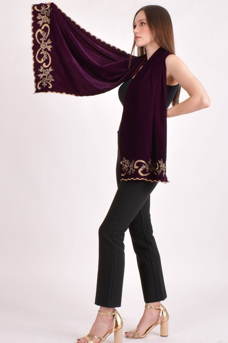 Wine Floral Embroidered Velvet Scarf scarves & stoles RAAS