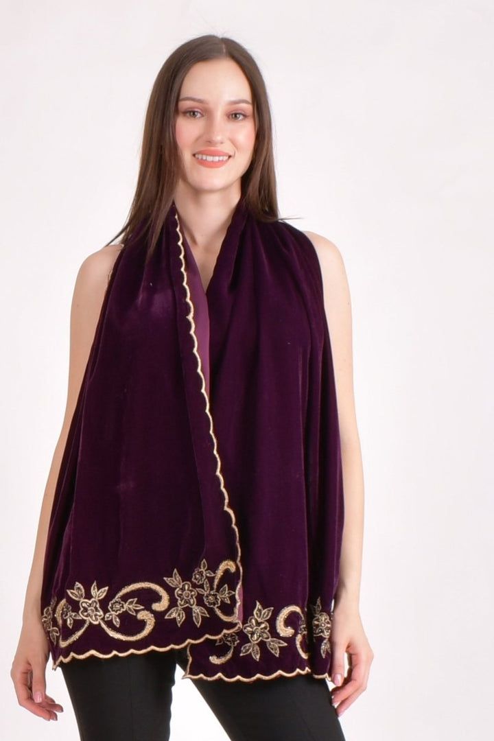 Wine Floral Embroidered Velvet Scarf scarves & stoles RAAS