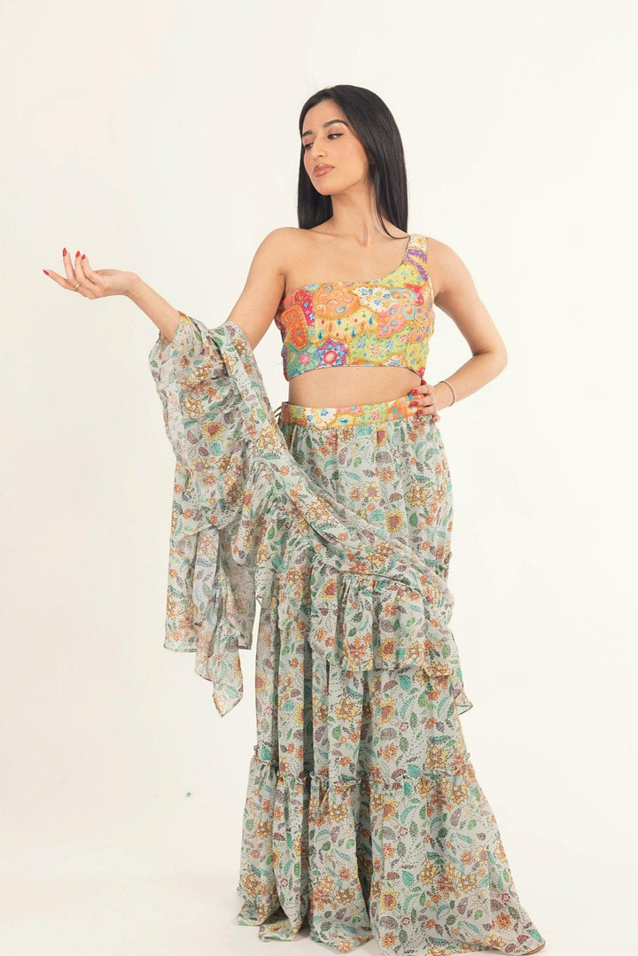 Yara Ruffle Saree Dress with One-Shoulder Blouse - Raas