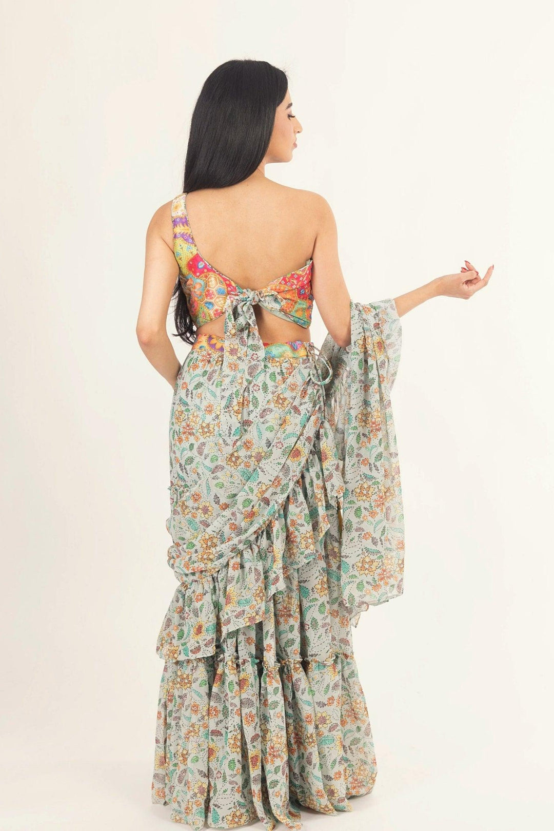 Yara Ruffle Saree Dress with One-Shoulder Blouse - Raas