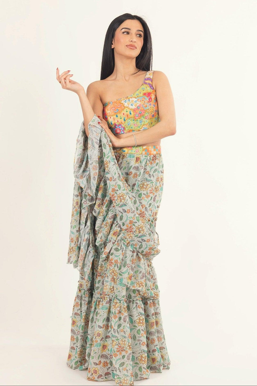 Yara Ruffle Saree Dress with One-Shoulder Blouse - Raas