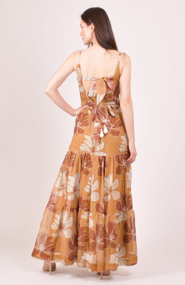 Yellow Floral Printed Organza Tiered Maxi Dress dresses RAAS