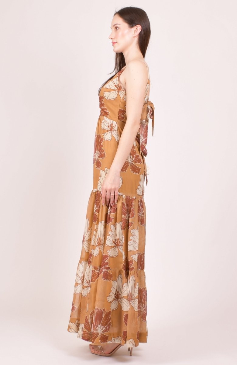 Yellow Floral Printed Organza Tiered Maxi Dress dresses RAAS
