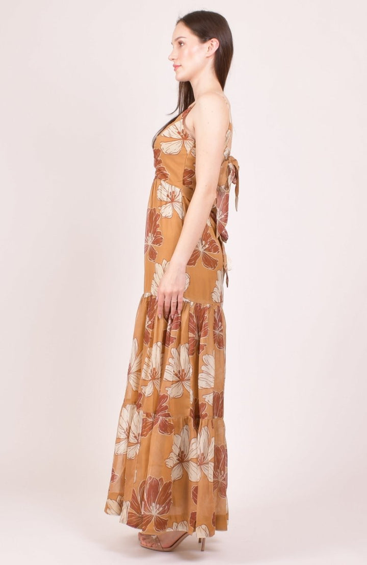 Yellow Floral Printed Organza Tiered Maxi Dress dresses RAAS