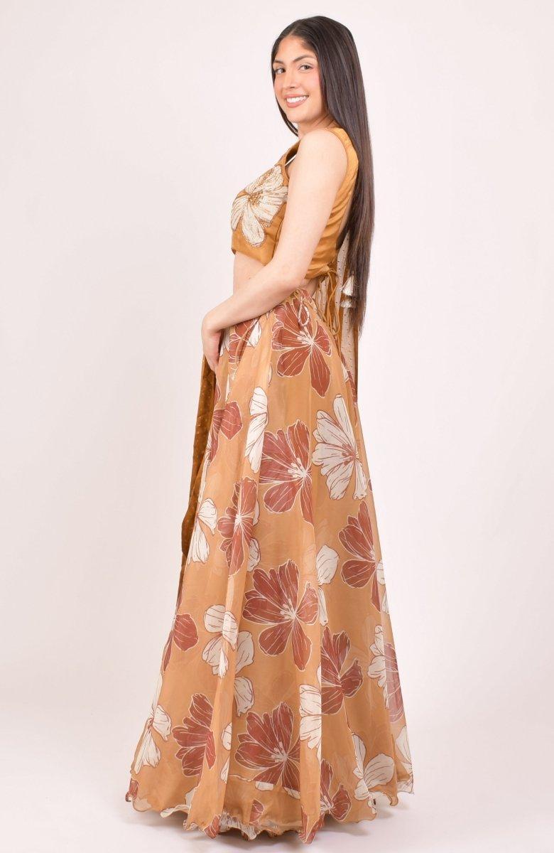 Side view of the yellow floral Zardoshi embroidered lehenga choli