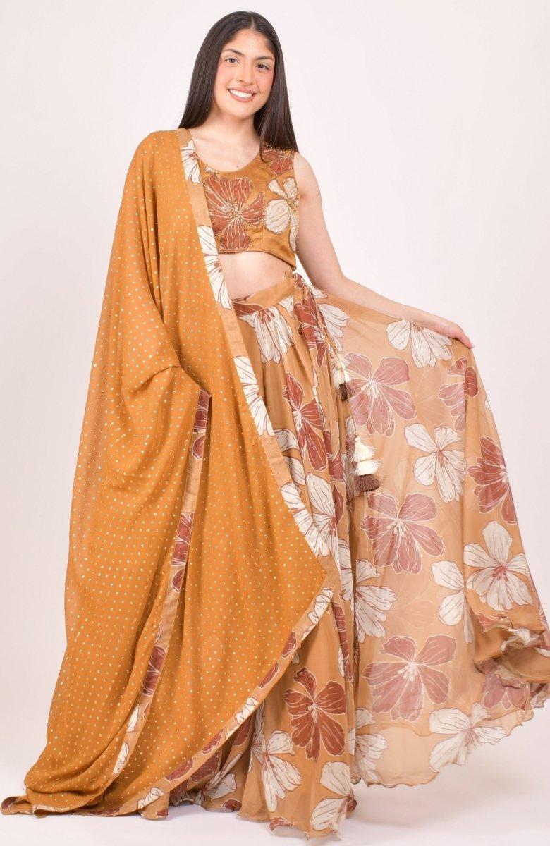 Model wearing a yellow floral Zardoshi and stone embroidered lehenga choli with matching dupatta