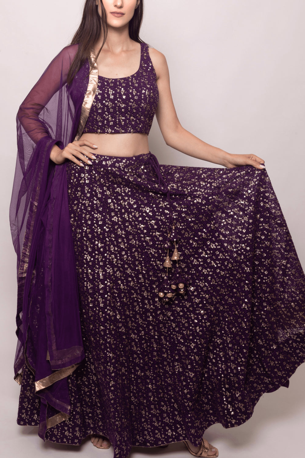 Wine Sequins Lehenga Choli Set