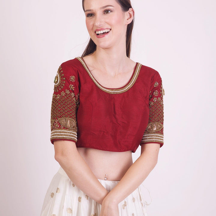 Zoey Maroon Blouse with Embroidered Pearls - Raas