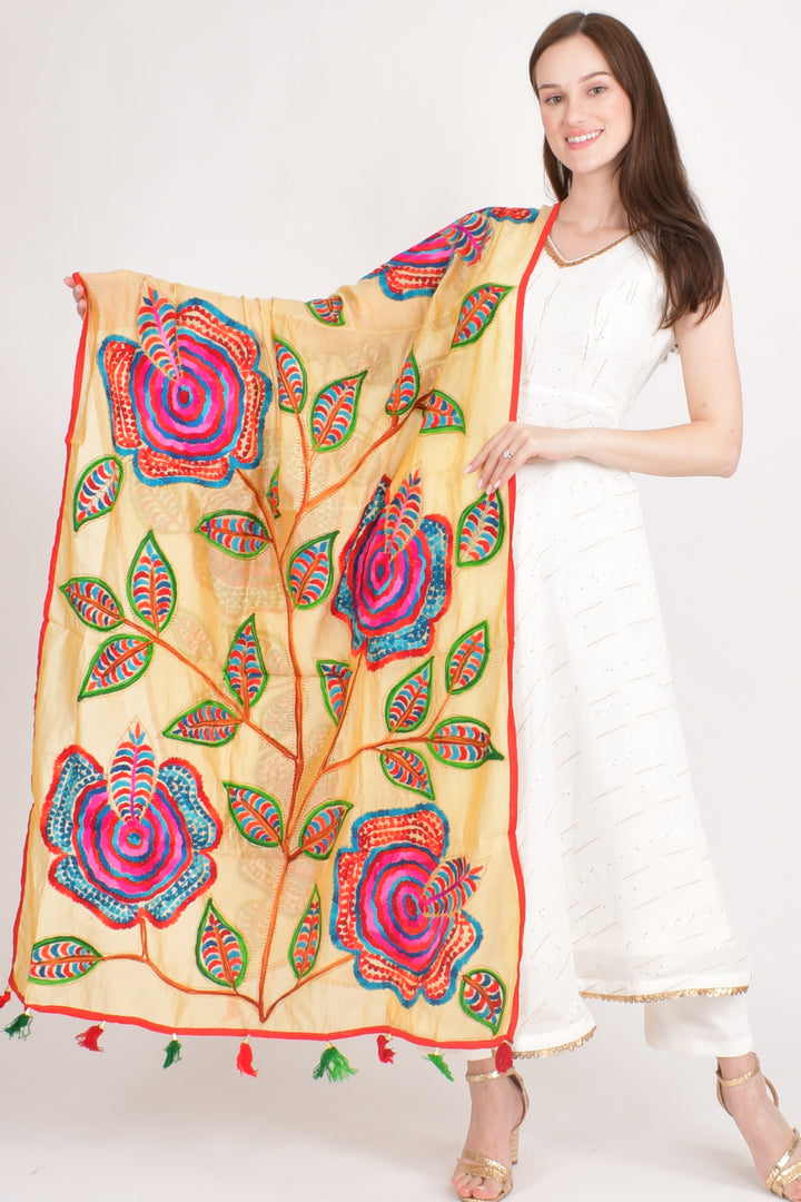 Zoya Yellow Floral Hand Embroidered Dupatta - Raas