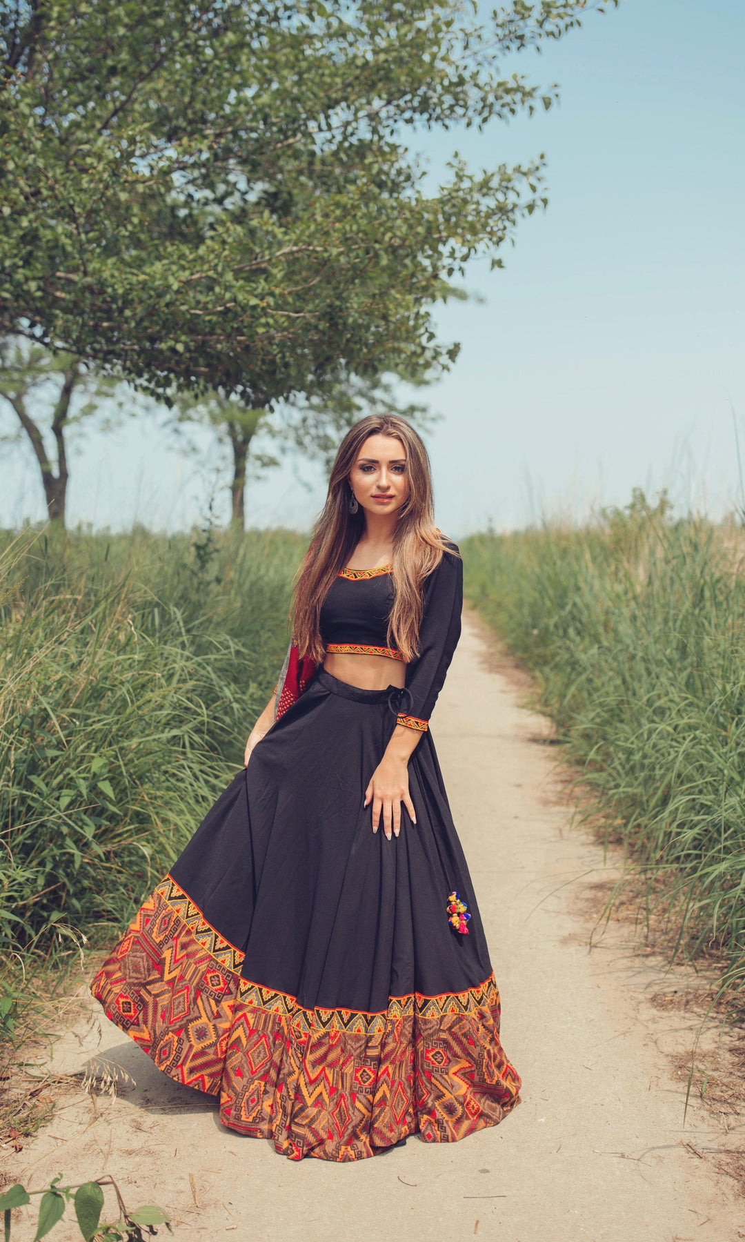 Black Print Trim Chaniya Choli Set-Raas USA