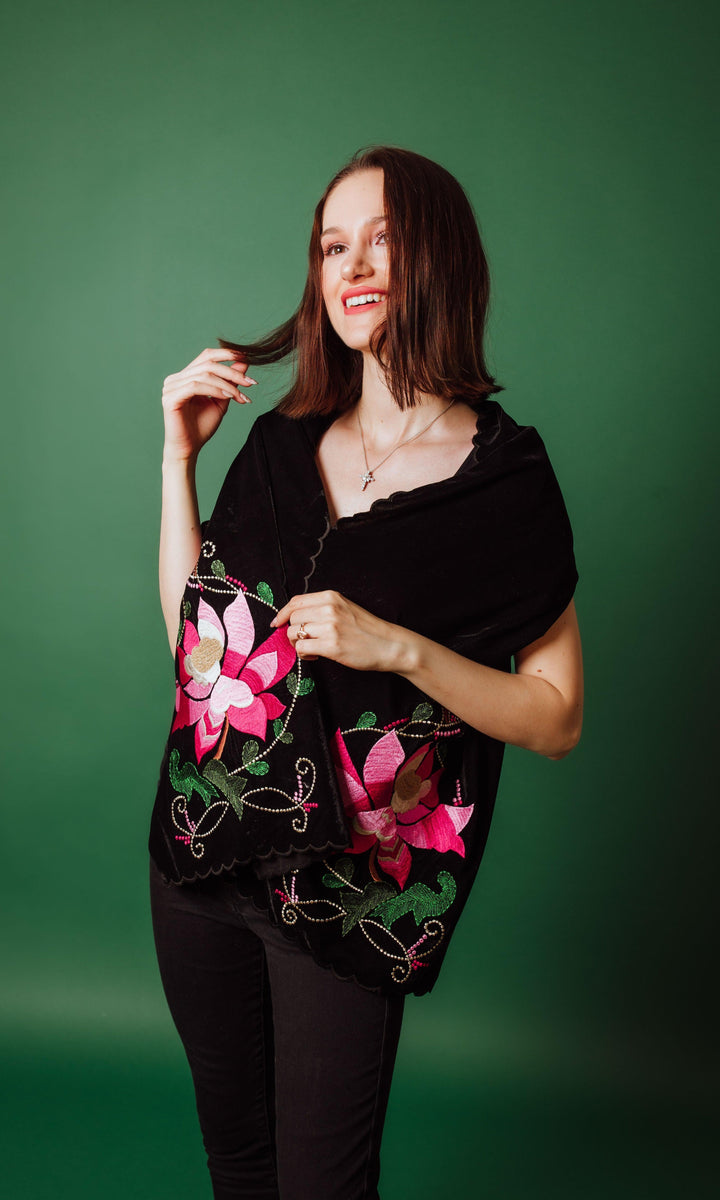 Black Velvet Embroidered Floral Scarf-Raas USA