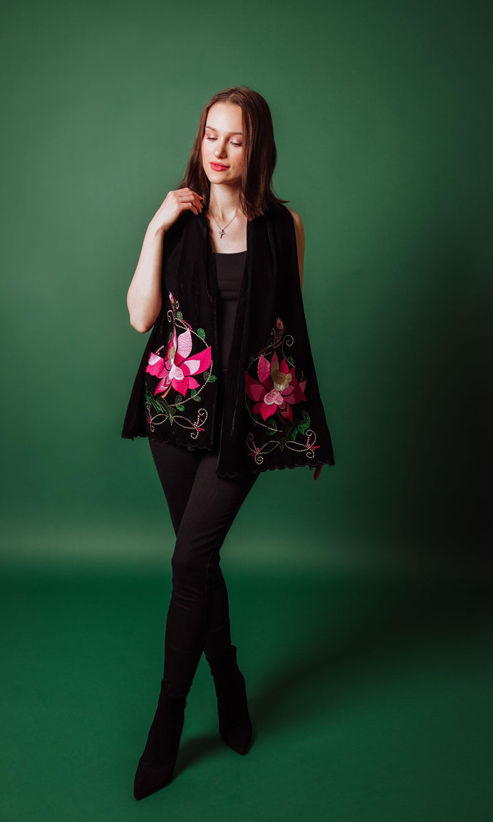 Black Velvet Embroidered Floral Scarf-Raas USA