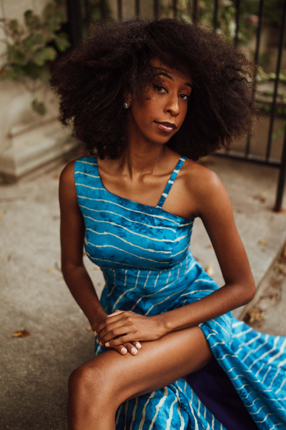 Blue rayon one-shoulder maxi dress with white leheriya stripes and a high side slit.