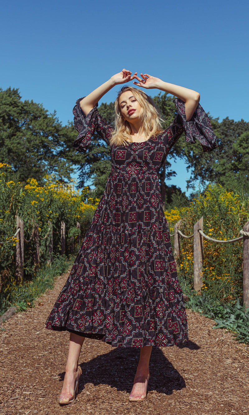Boho Inspired Midi Dress with Ruffle Sleeves dresses RAAS