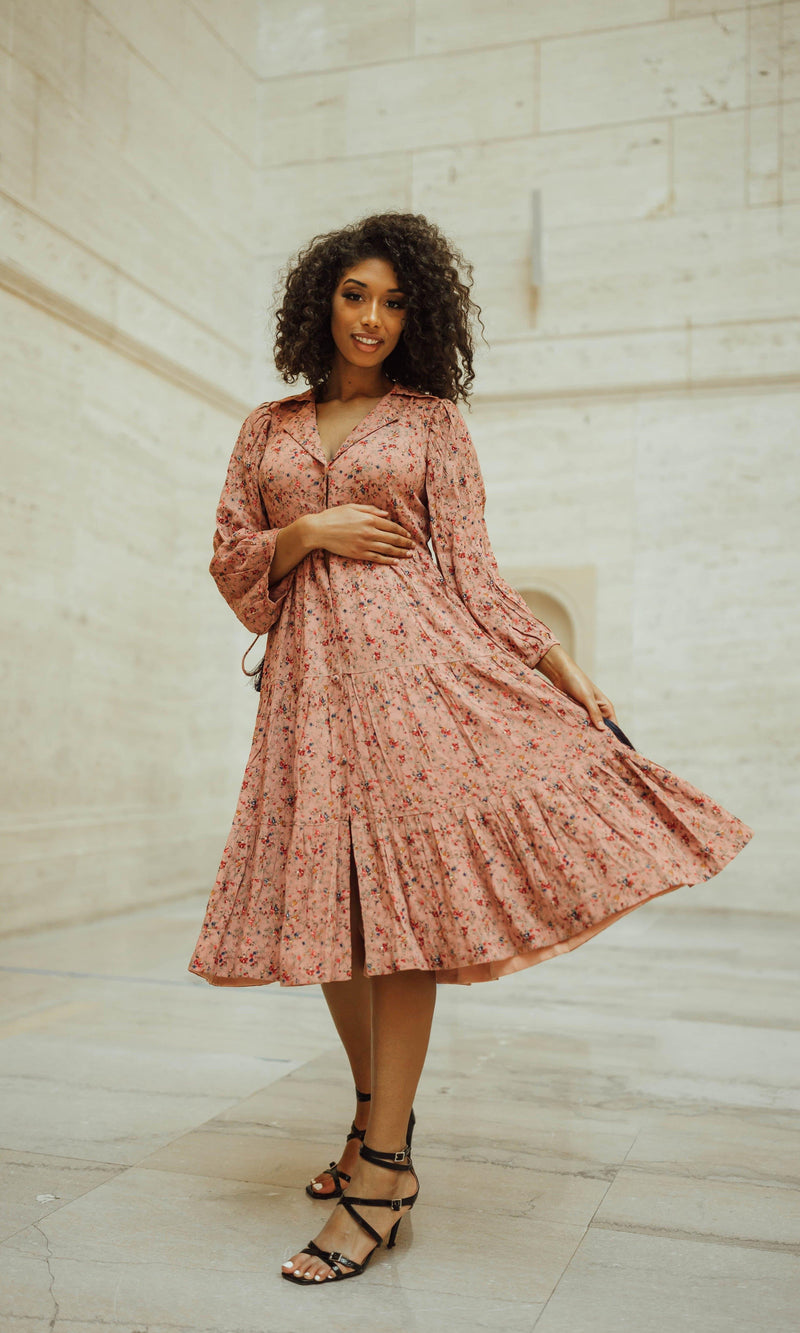 elegant midi dresses with sleeves Brown Tiered Floral Midi Dress: Elegant Indian Silhouette
