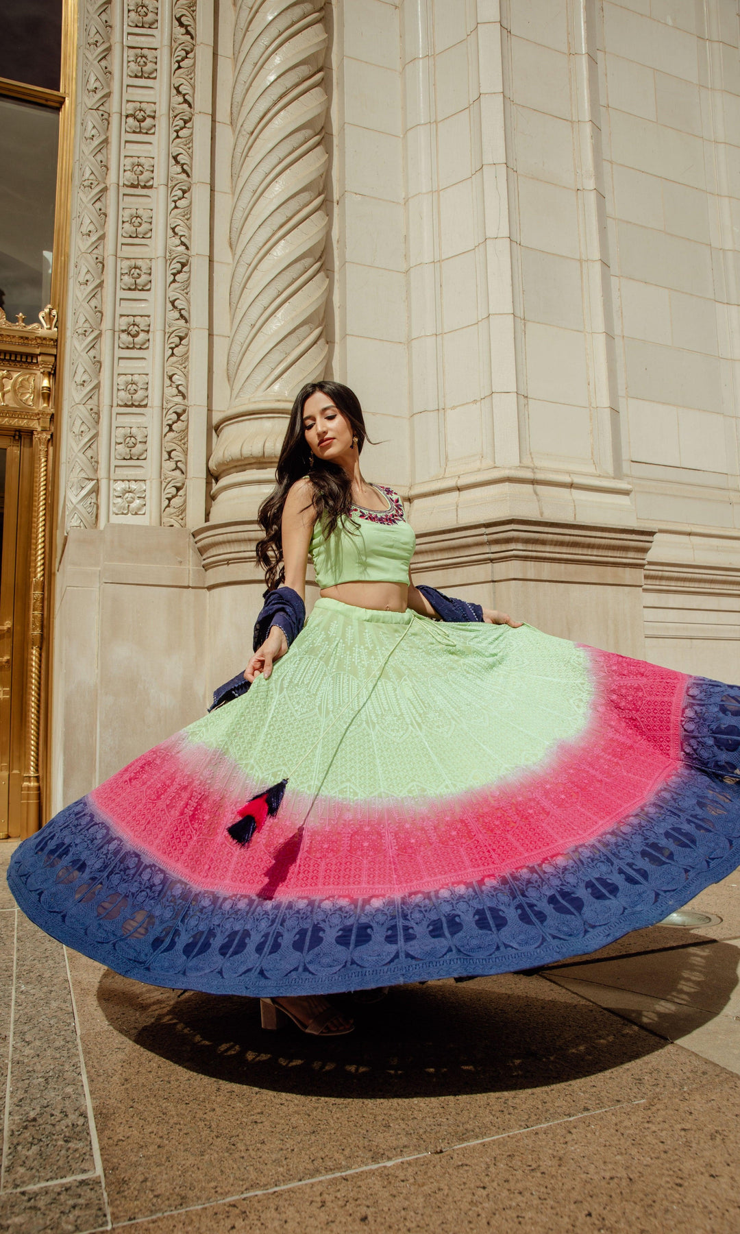 Colorful tie and dye lehenga with floral embroidery blouse - Label Sravani