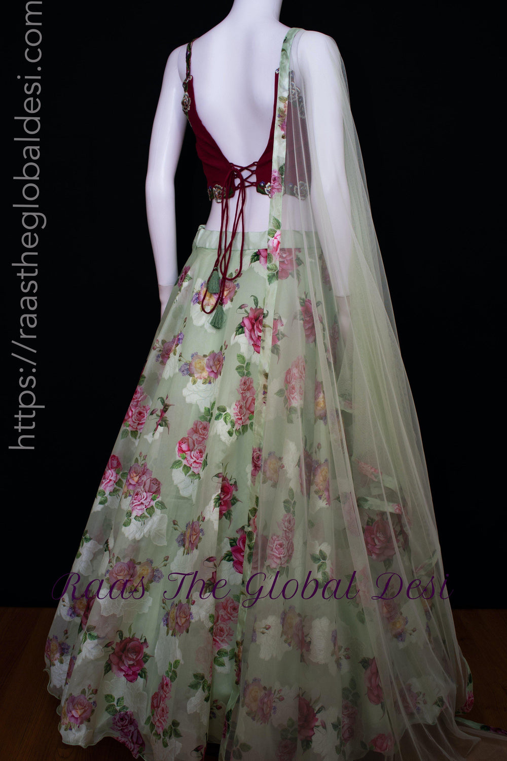 Floral Red and Pista Green Lehenga Choli Set-[mehendi outfit]-Raas