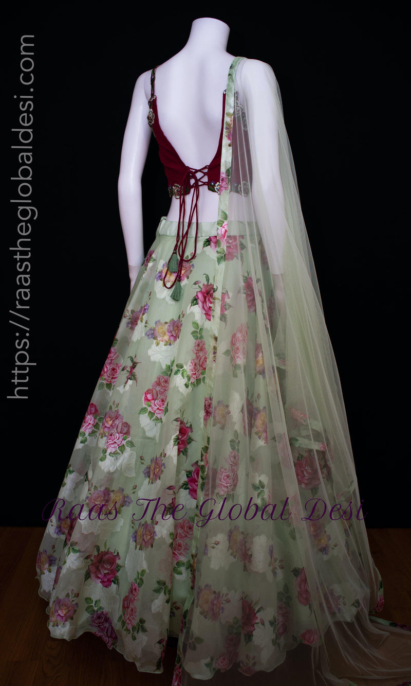 Floral Red and Pista Green Lehenga Choli Set-[mehendi outfit]-Raas
