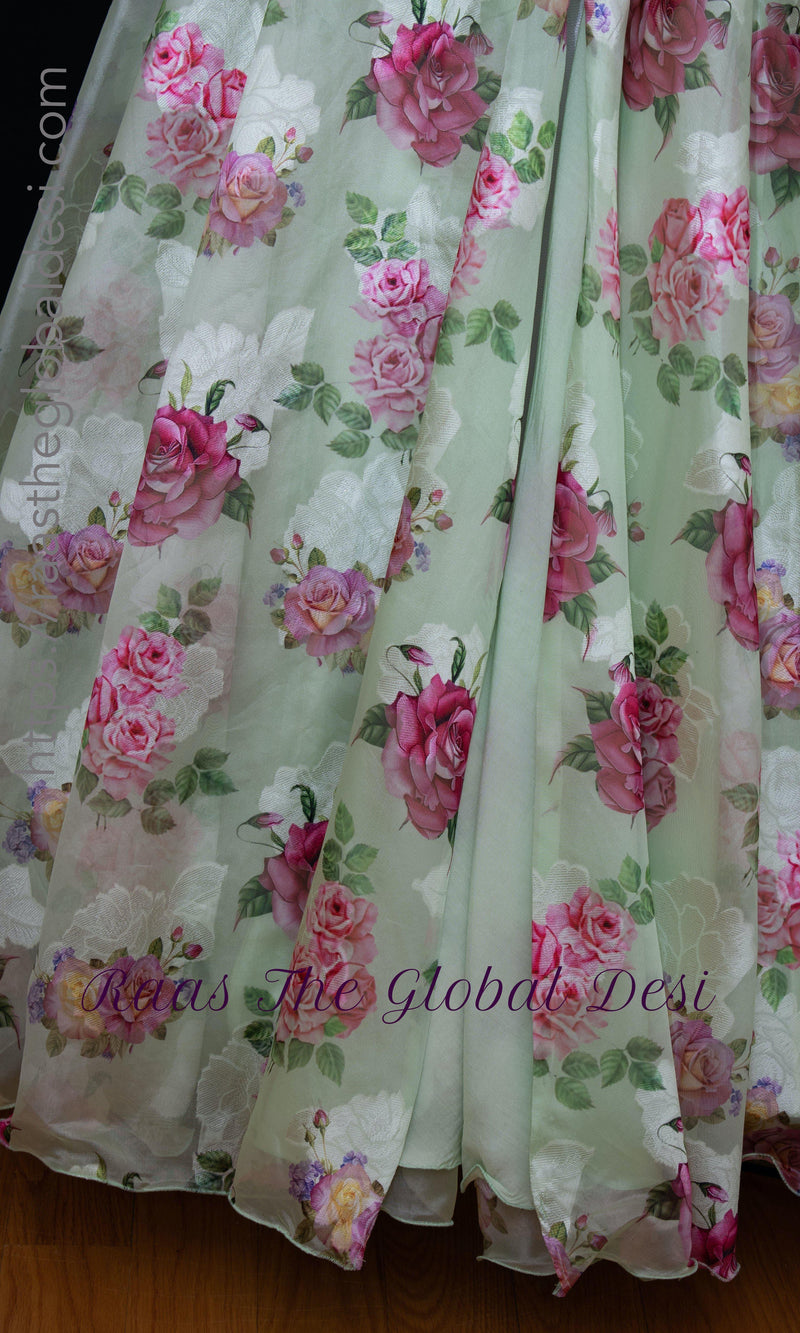 Floral Red and Pista Green Lehenga Choli Set-[mehendi outfit]-Raas