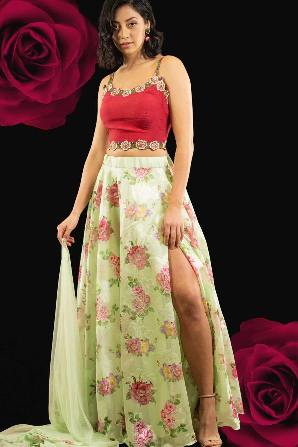 Floral Red and Pista Green Lehenga Choli Set-[mehendi outfit]-Raas