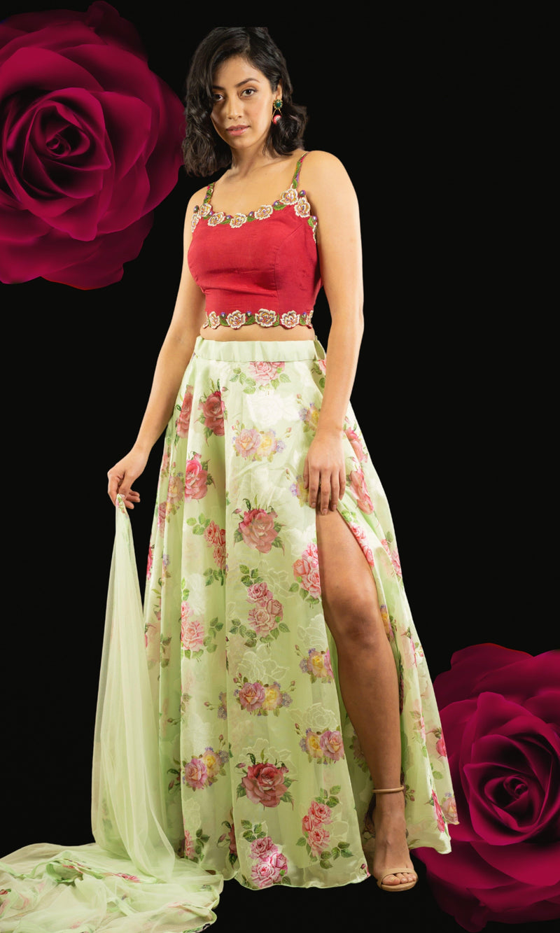 Floral Red and Pista Green Lehenga Choli Set-[mehendi outfit]-Raas