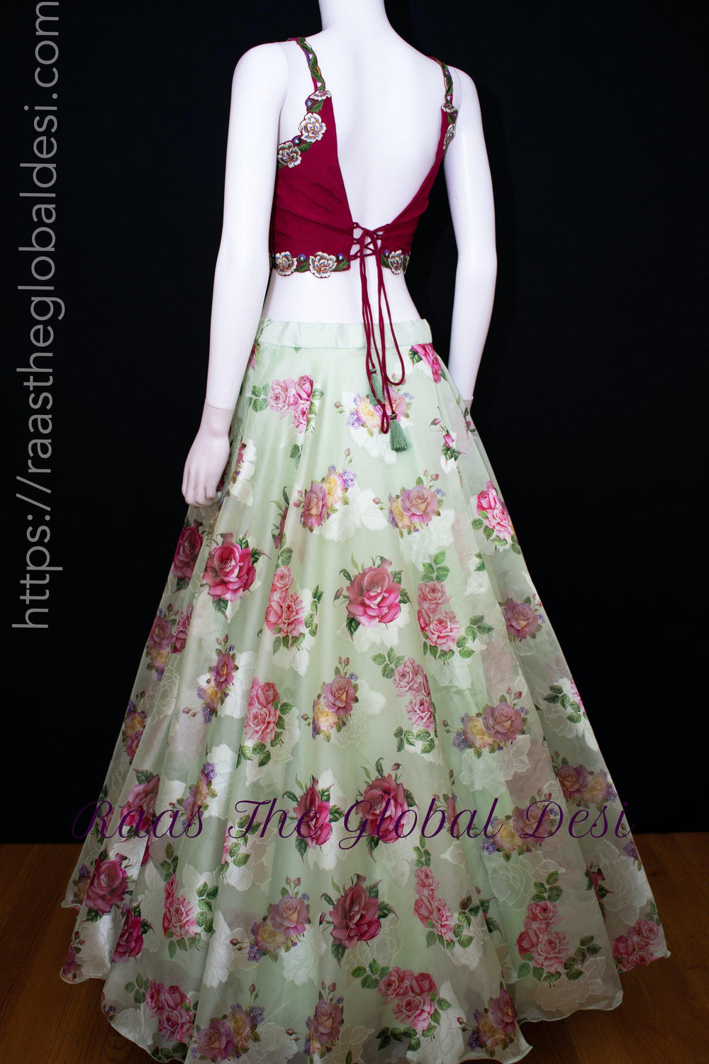 Floral Red and Pista Green Lehenga Choli Set-[mehendi outfit]-Raas