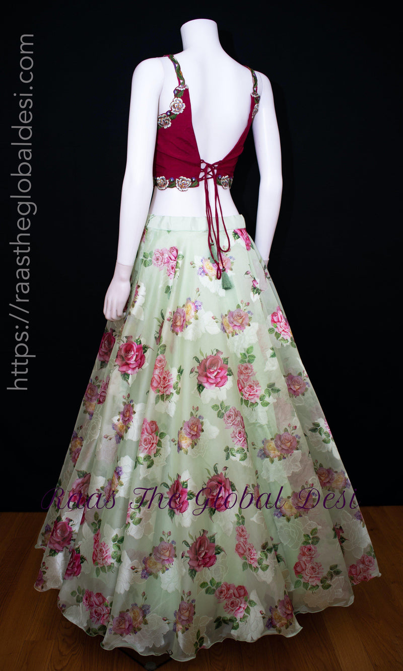 Floral Red and Pista Green Lehenga Choli Set-[mehendi outfit]-Raas