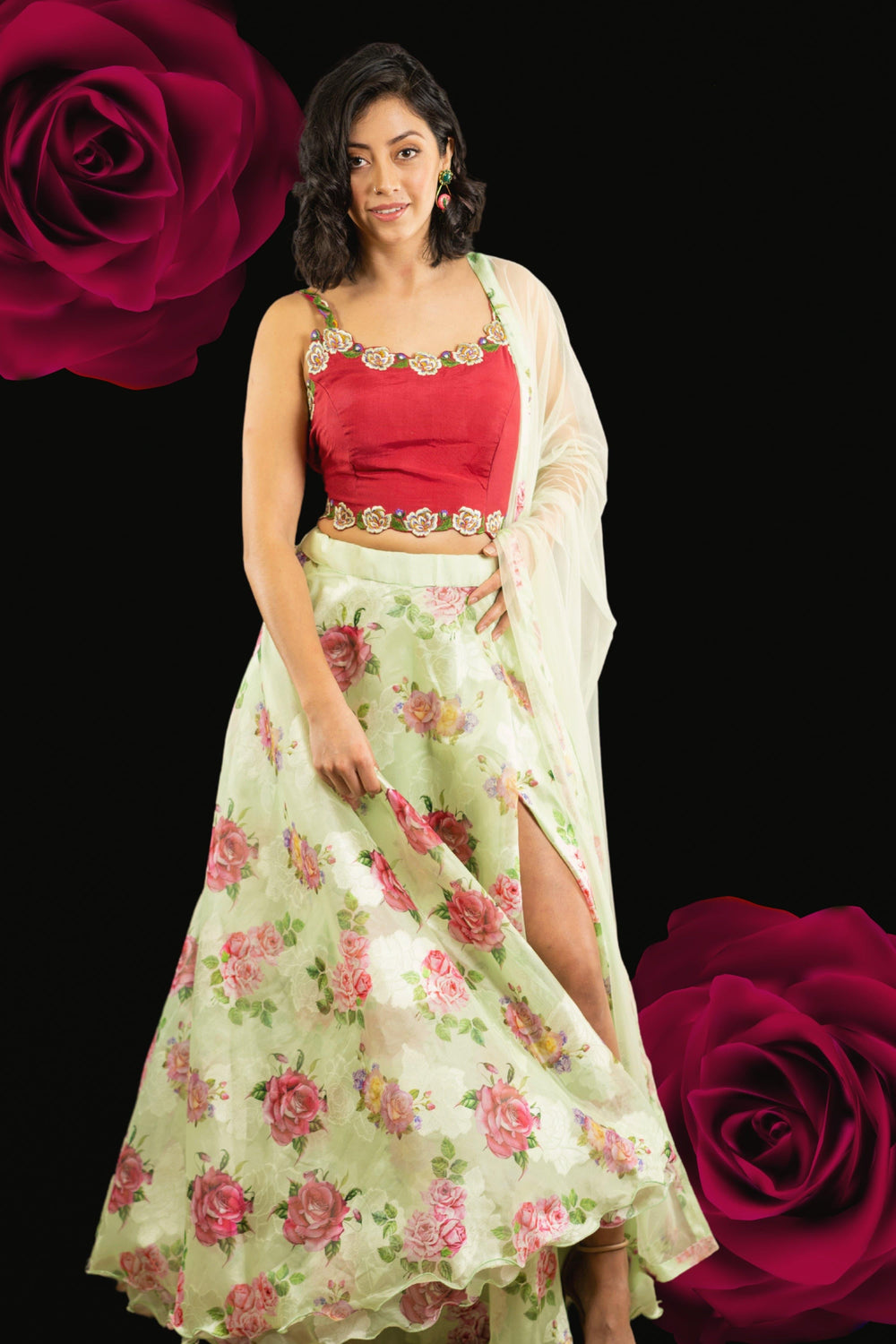 Floral Red and Pista Green Lehenga Choli Set-[mehendi outfit]-Raas