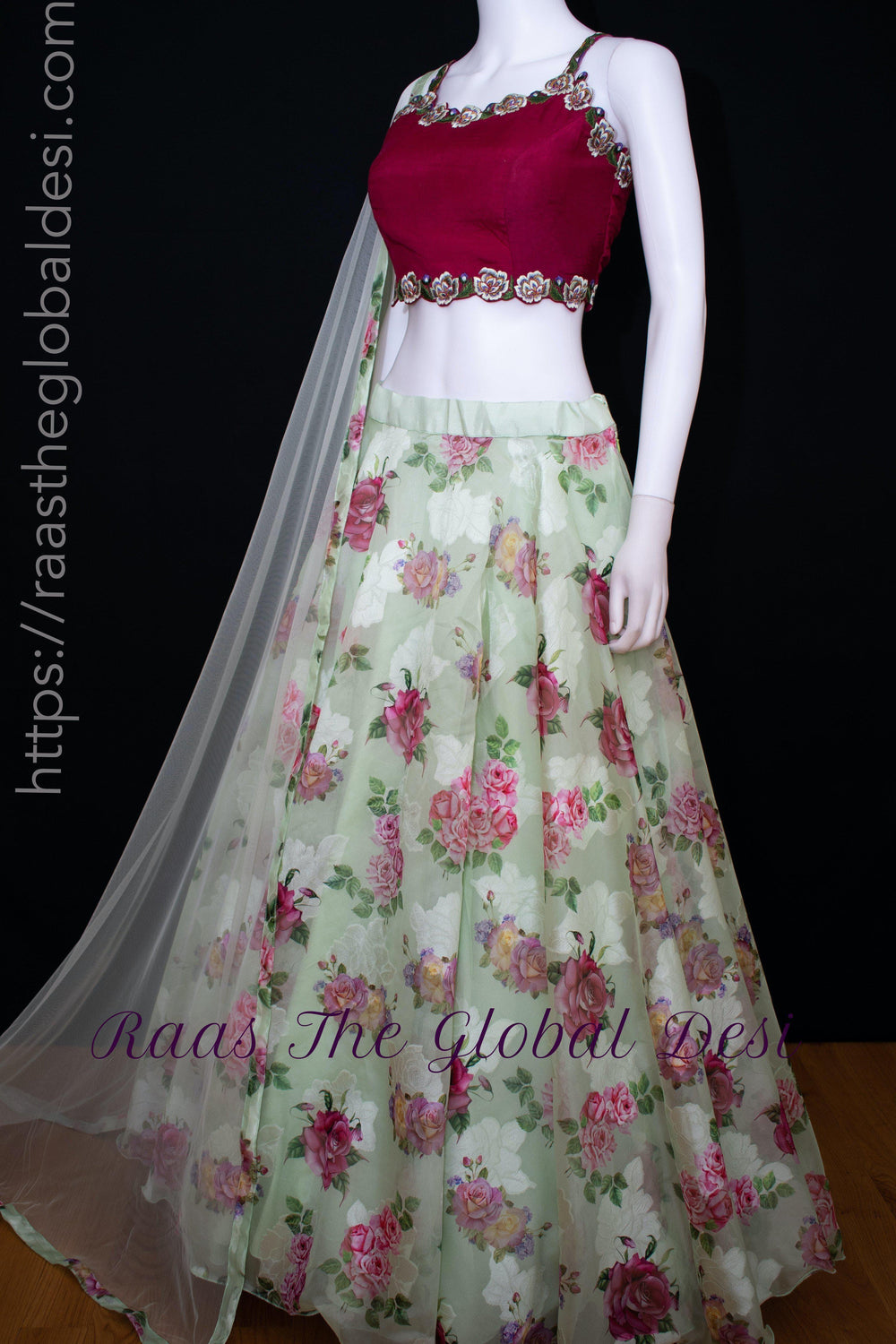 Floral Red and Pista Green Lehenga Choli Set-[mehendi outfit]-Raas