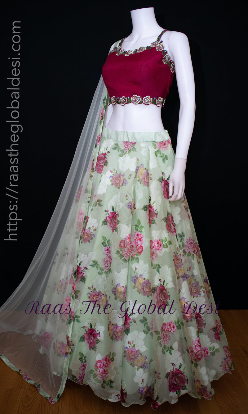 Floral Red and Pista Green Lehenga Choli Set-[mehendi outfit]-Raas
