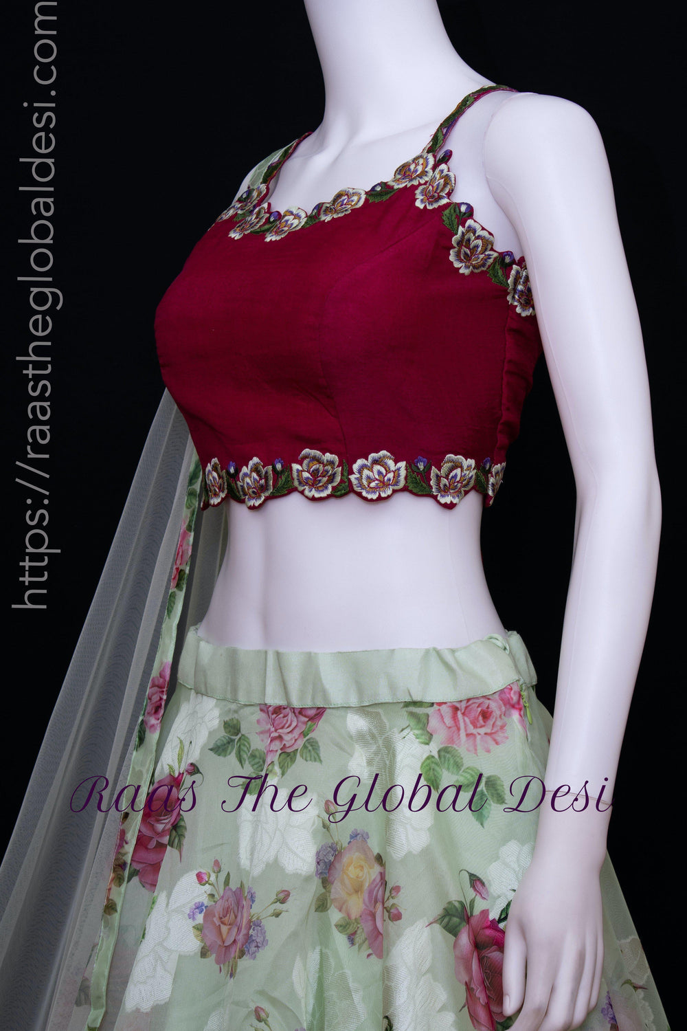 Floral Red and Pista Green Lehenga Choli Set-[mehendi outfit]-Raas
