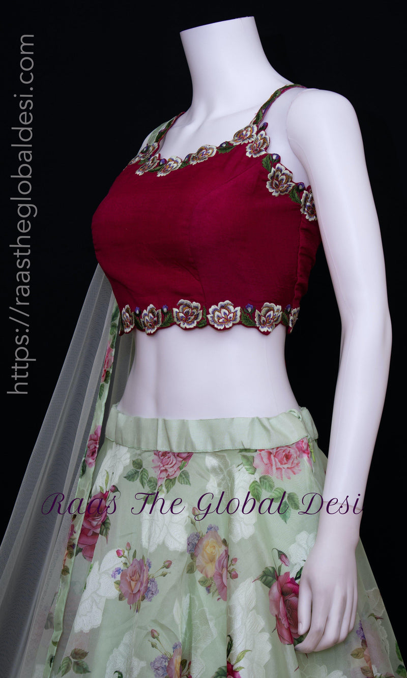 Floral Red and Pista Green Lehenga Choli Set-[mehendi outfit]-Raas