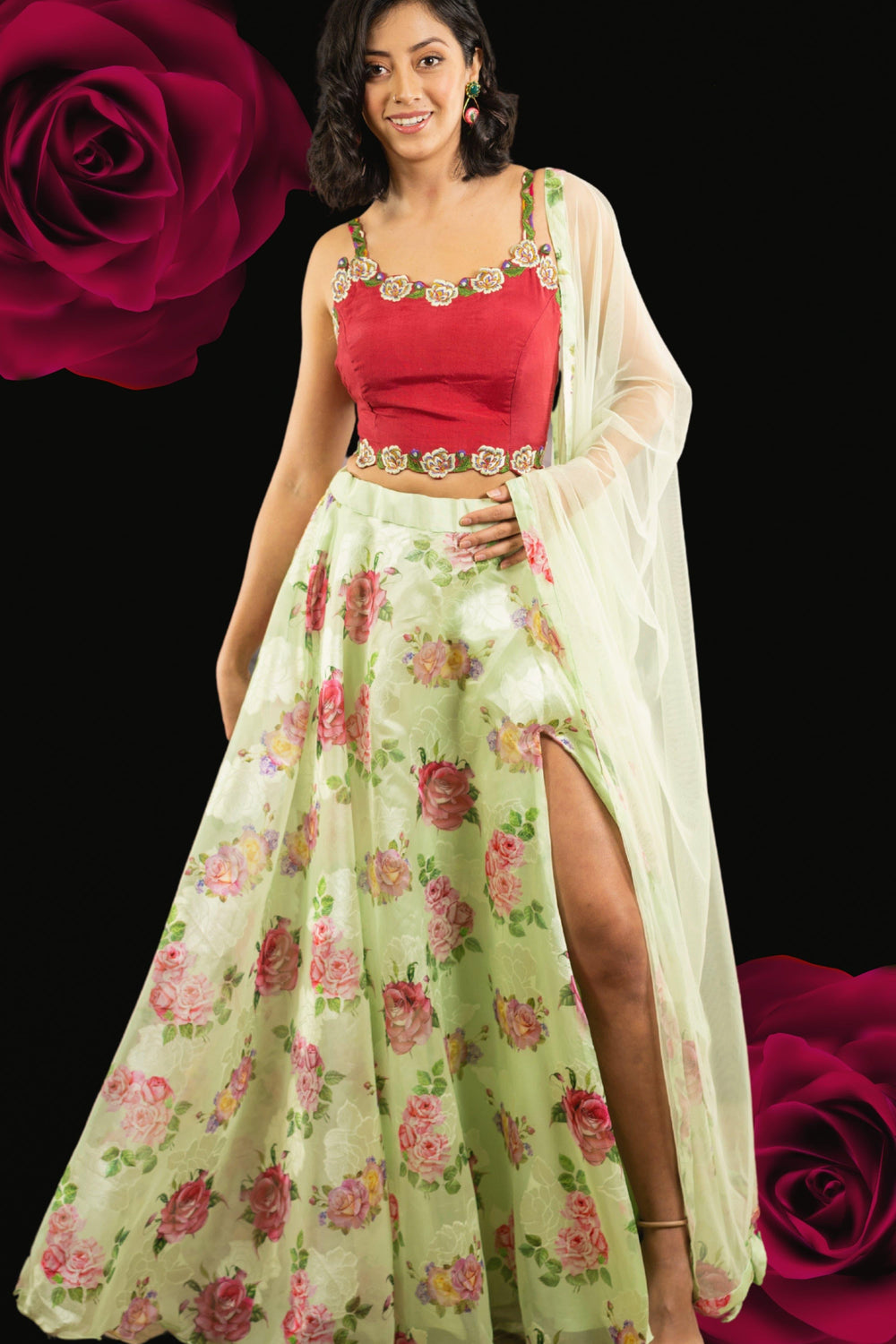 Floral Red and Pista Green Lehenga Choli Set-[mehendi outfit]-Raas