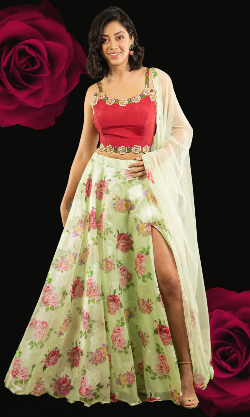 Floral Red and Pista Green Lehenga Choli Set-[mehendi outfit]-Raas