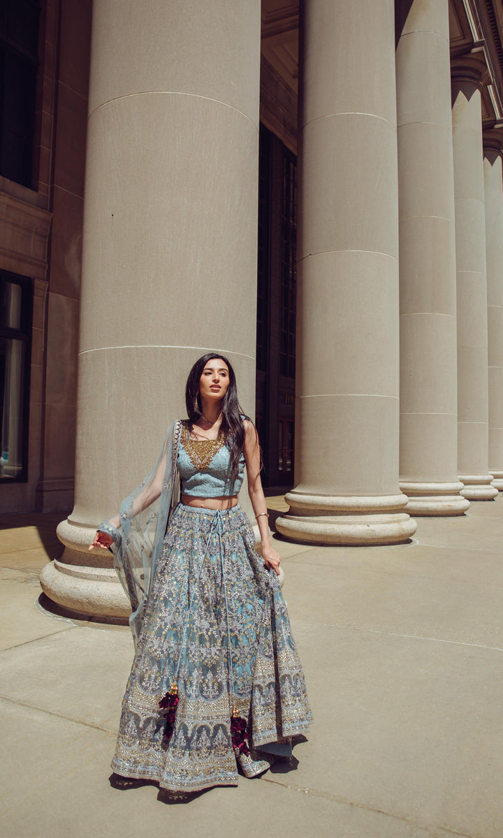 Gray and Gold Hand Embroidered Lehenga Choli Set lehenga choli RAAS