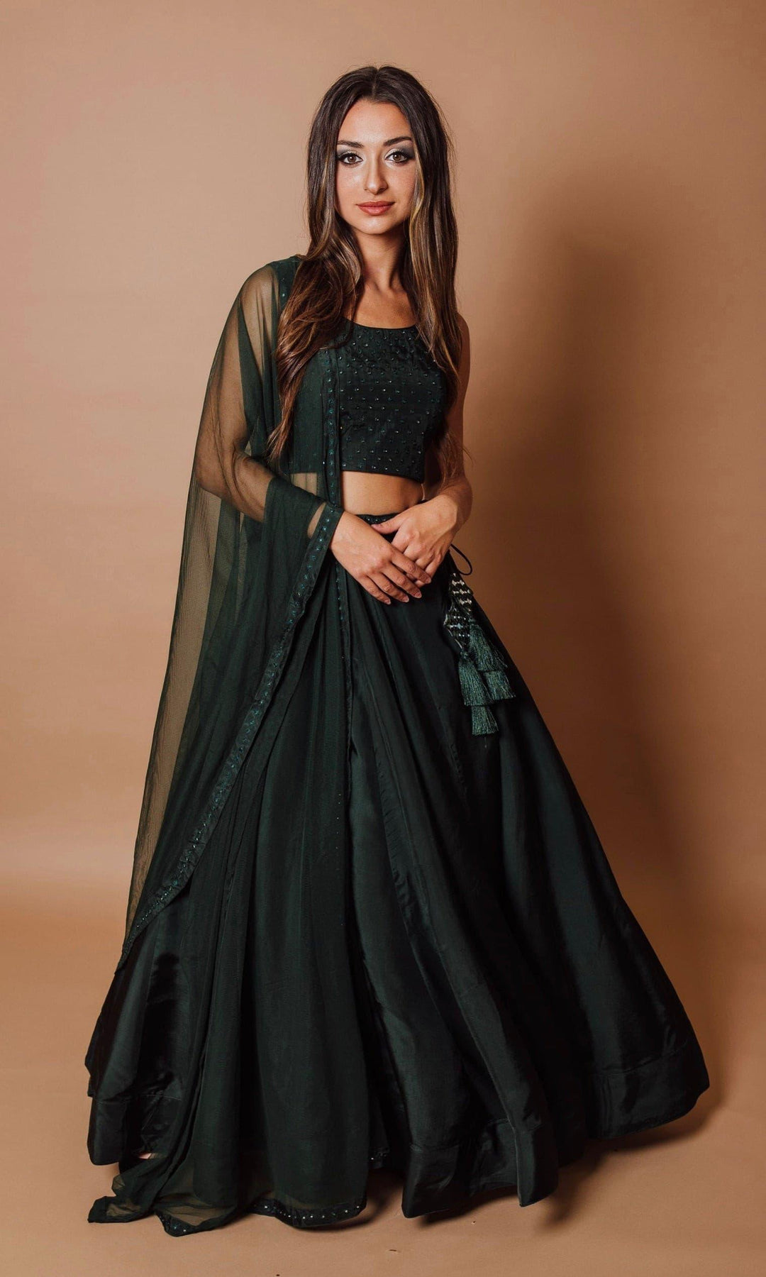 Green Lehenga Choli Set: Hand Embroidered Silk | Raas USA Made To Size / Green Green Lehenga Choli Set: Hand Embroidered Silk | Raas USA Made To Size / Green