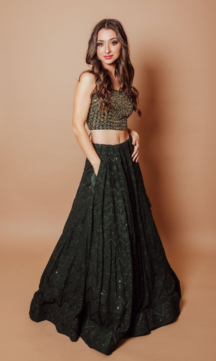 Green Georgette Lehenga Choli with Heavy Hand Embroidered blouse-[comfort-first-design]-[lightweight]-Raas
