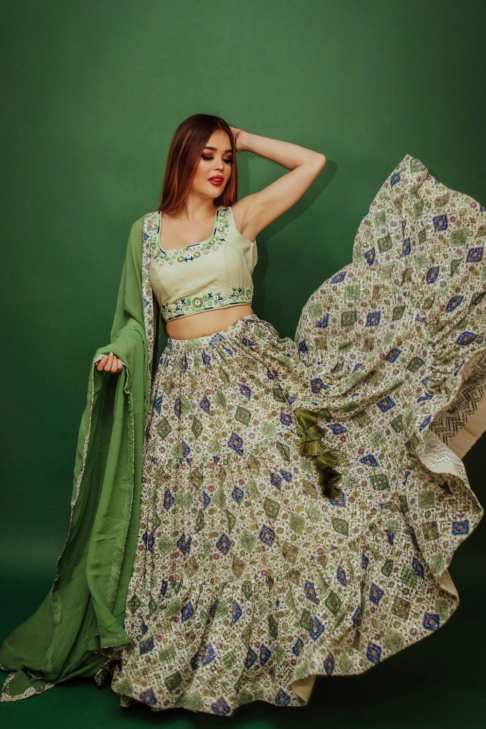 Green Sequin Print Lehenga Choli Set CHANIYA CHOLI RAAS